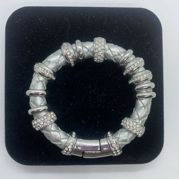 Serena Silver & Leather Bracelet W/Crystals & Magnetic Clasp 2009 - Picture 1 of 4